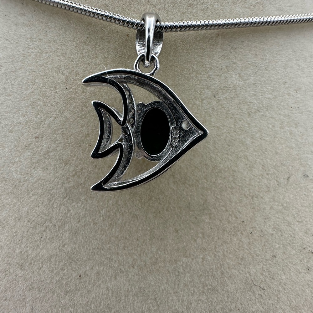 Silver Fish Pendant Necklace with Opal on Chain - Picture 6 of 9
